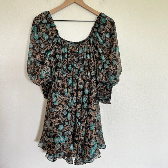 Misa Los Angeles Dress XS Black Blue Floral Mini Puff Sleeve Chiffon Boho - Picture 8 of 12